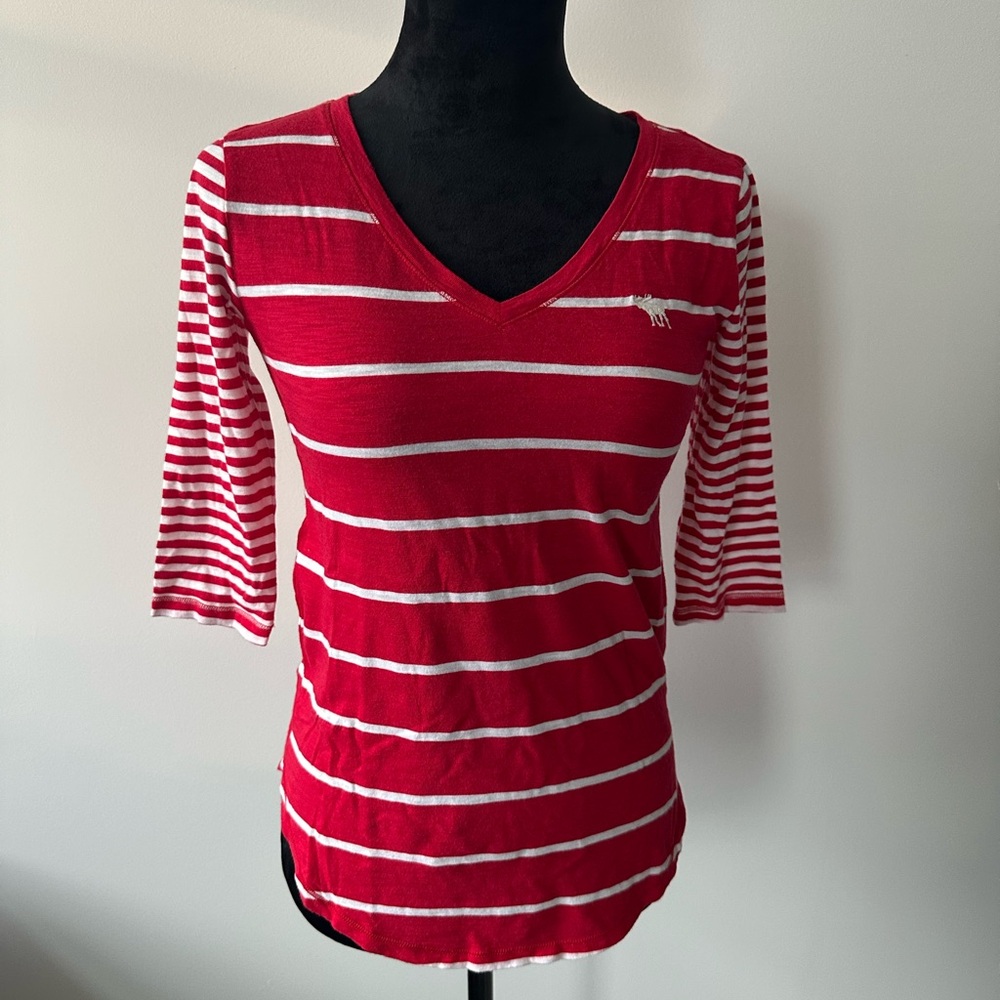 Abercrombie & Fitch Red and White Fitted Ribbed 3/4 Sleeve Tee